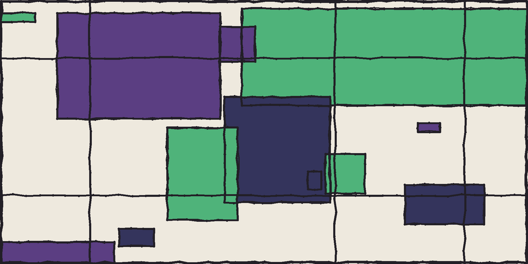 An abstract Mondrian-style composition of Earth's continents reconstructed to 80 million years ago, rendered as coloured rectangles with thick black borders