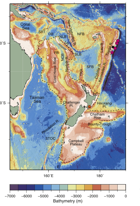 Bathymetry map of the southwest Pacific showing the submerged continent of Zealandia, the Tasman and Coral Seas, and surrounding ocean basins, ridges and plateaus