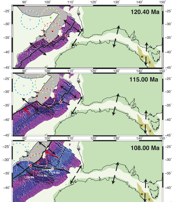 Three plate reconstructions at 120.4, 115 and 108 Ma showing the India-Australia-Antarctica plate boundary, Kerguelen plume conduits and the migrating triple junction