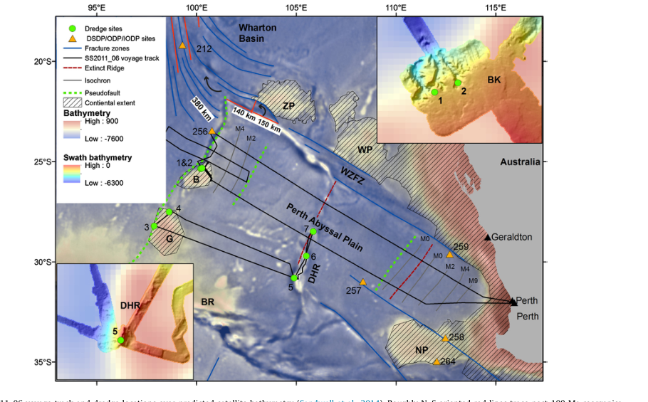 Bathymetry map off Western Australia showing dredge sites on the Batavia and Gulden Draak microcontinents, the curved Wallaby-Zenith Fracture Zone, and surrounding fracture zones and isochrons