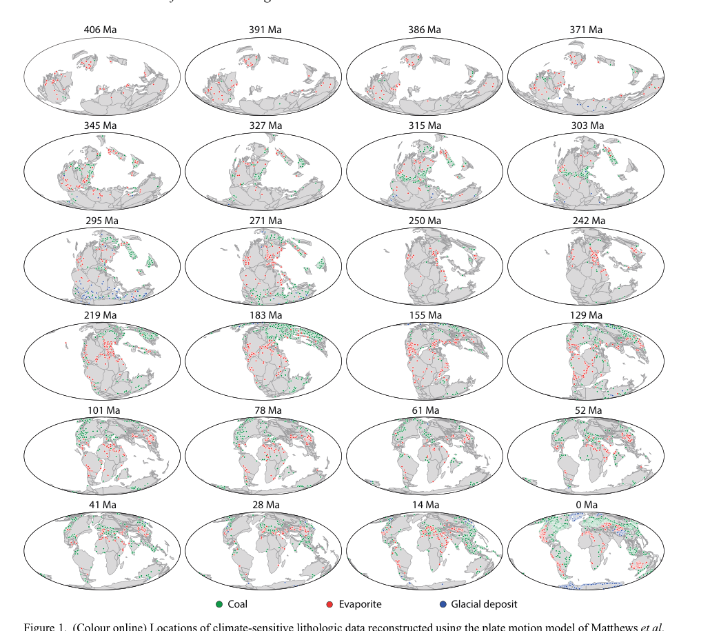 Grid of 24 world maps from 406 Ma to the present day, showing the reconstructed locations of coal, evaporite and glacial deposits at each time step