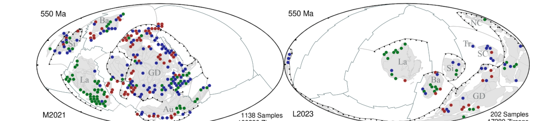 Two globes comparing categorized detrital zircon sample locations at 550 Ma under two alternative deep-time plate reconstruction models