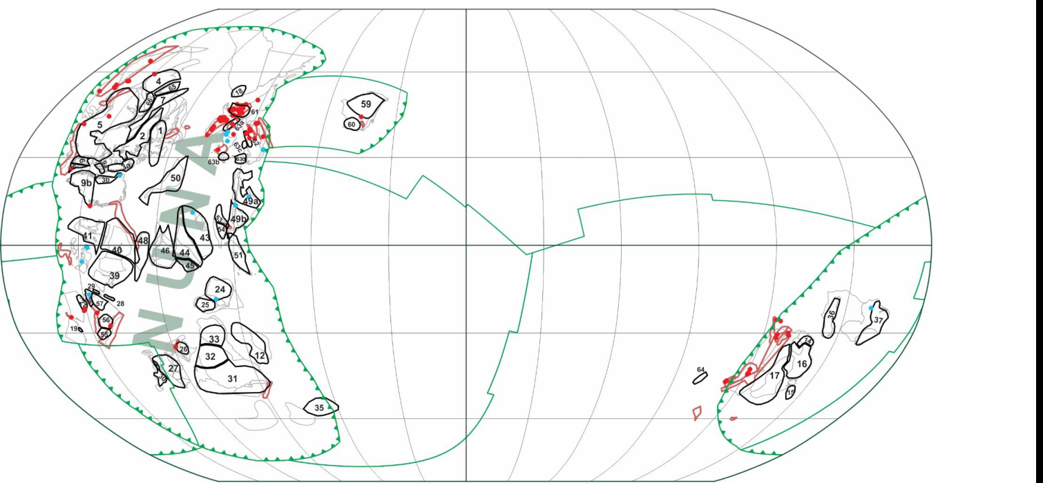 Paleogeographic reconstruction of the Nuna supercontinent at 1600 Ma, showing cratons, orogens, plate boundaries, and convergent and extensional zircon locations