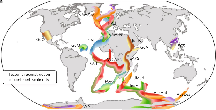 World map reconstructing continent-scale rift systems, colour-coded by the age of rift activity from 200 million years ago to present
