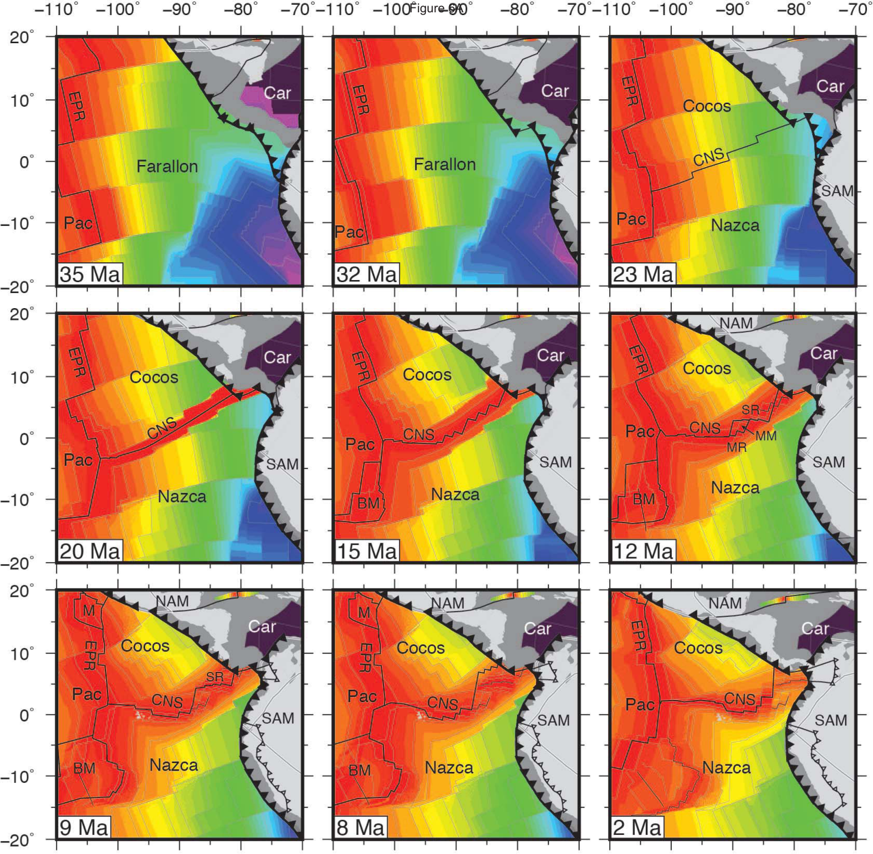 Grid of nine seafloor age maps of the Cocos, Nazca and Pacific plates off Central America from 35 Ma to the present, showing the evolving geometry of the Cocos-Nazca-Pacific triple junction