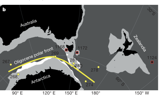 Reconstructed map of Australia, Antarctica and Zealandia at 30 million years ago showing the open Tasmanian Gateway, the Oligocene polar front, and Ocean Drilling Program sediment core sites