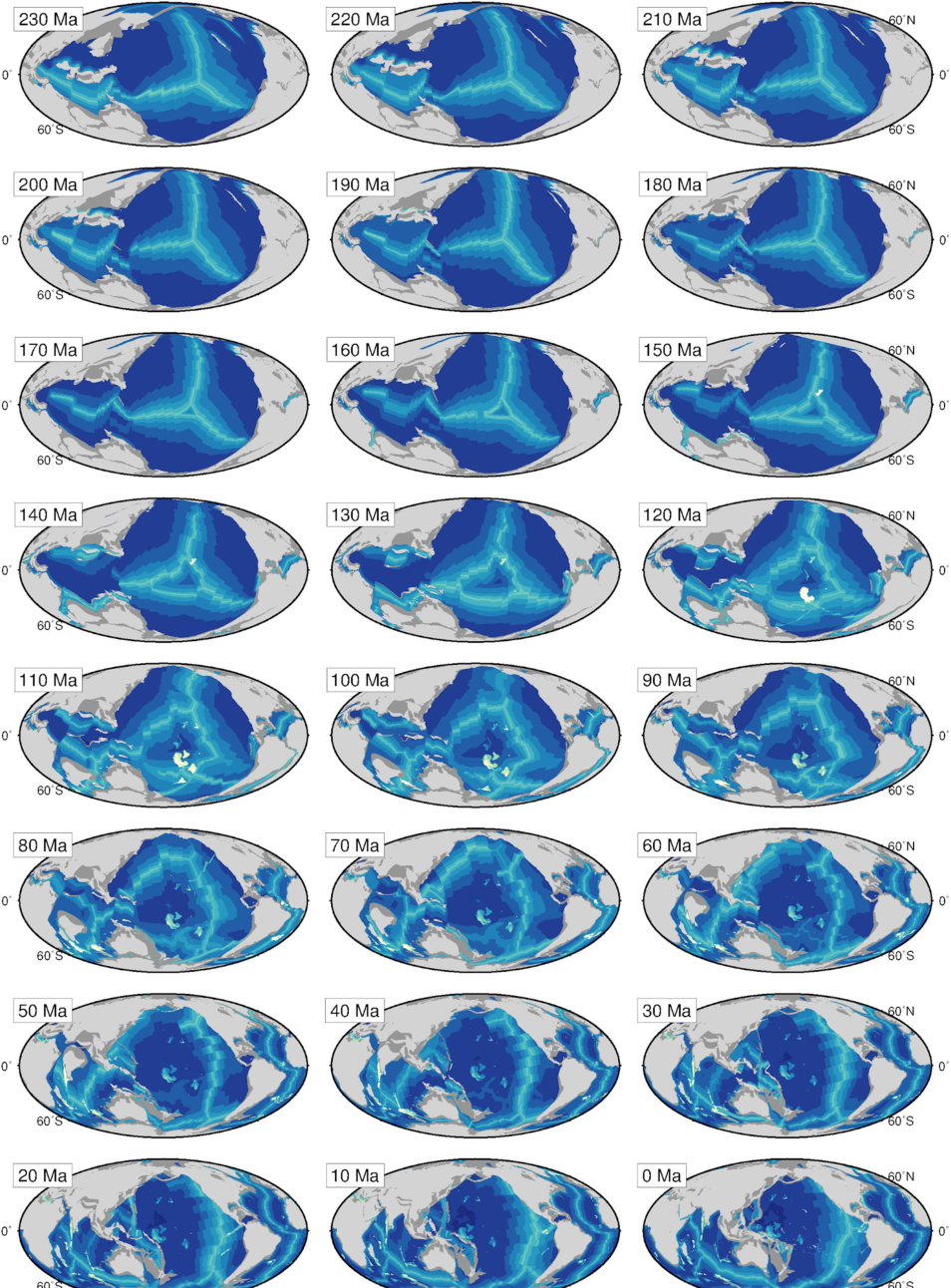 Grid of 21 global paleobathymetry maps from 230 Ma to the present day, showing the reconstructed depth of the ocean floor at each time step