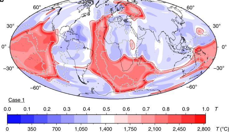 Global map showing predicted present-day lower mantle temperature structure at 2,677 km depth, highlighting the African and Pacific LLSVPs and the smaller Perm Anomaly beneath Eurasia