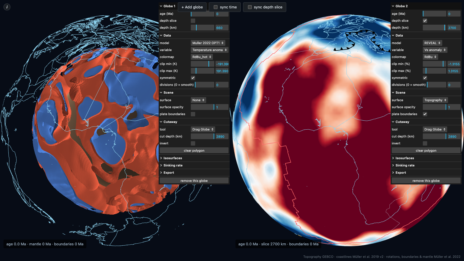 Two side-by-side globes in the Geode viewer: one showing hot and cold mantle convection isosurfaces, the other a seismic tomography depth slice at 2700 km revealing an LLSVP beneath Africa
