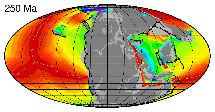 Animated seafloor age grid evolving through geological time