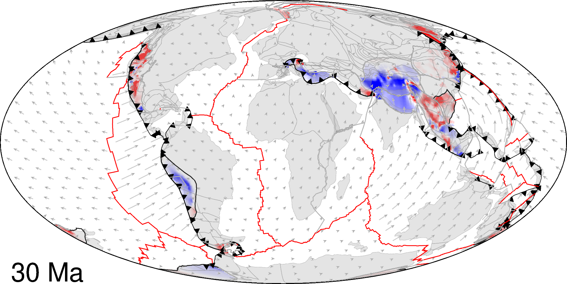 Global map at 30 Ma showing plate boundaries and accumulated continental extension (blue) and shortening (red) across deforming plate margins