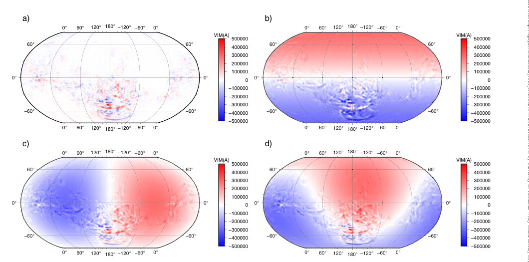 Four global maps of Mars showing the radial component of magnetization from different dipole field assumptions, dominated by strong red and blue anomalies over the southern highlands