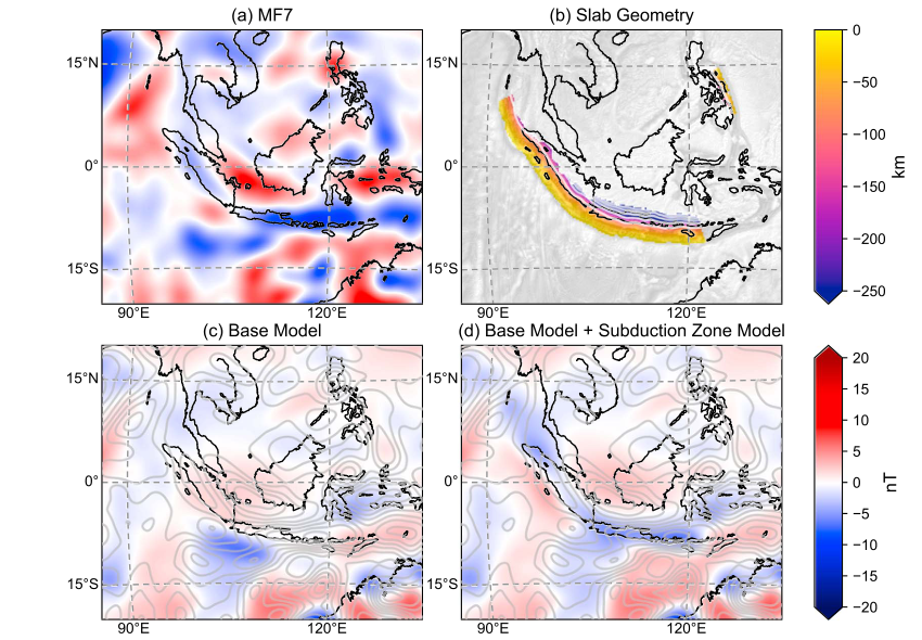 Four maps of the Sunda arc: the observed satellite magnetic field, the subducting slab geometry, and model predictions with and without a subduction zone magnetization model added