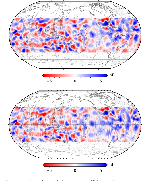Two global maps of the radial component of the lithospheric magnetic field from a year of MSS-1 data (top) and Swarm-A data (bottom), showing closely matching ocean and continental magnetic structure