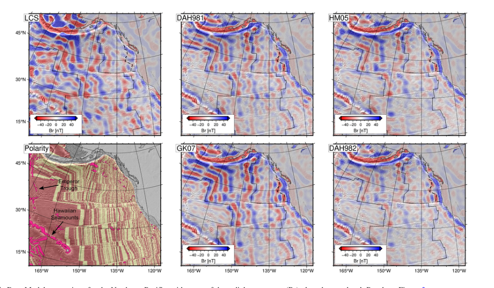 Six maps of the northeast Pacific comparing satellite-observed magnetic anomalies (LCS), several forward-modelled magnetization predictions, and the seafloor reversal polarity chronology including the Emperor Trough and Hawaiian Seamounts